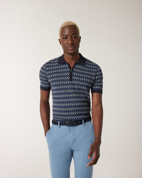 Geometric Zip-up Collar Polo, Navy, hi-res